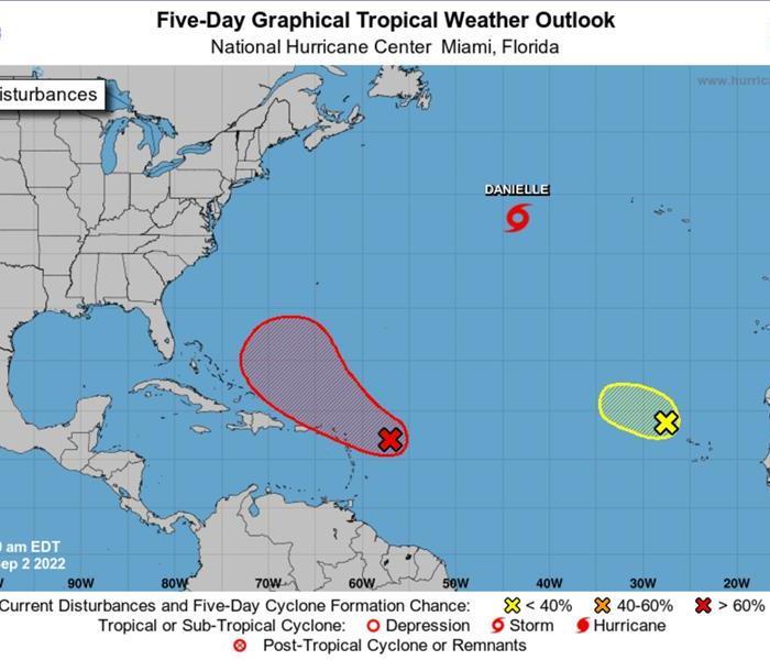National Hurricane Center hurricane tracking image showing 3 storm systems that are being tracked in the Atlantic Ocean.